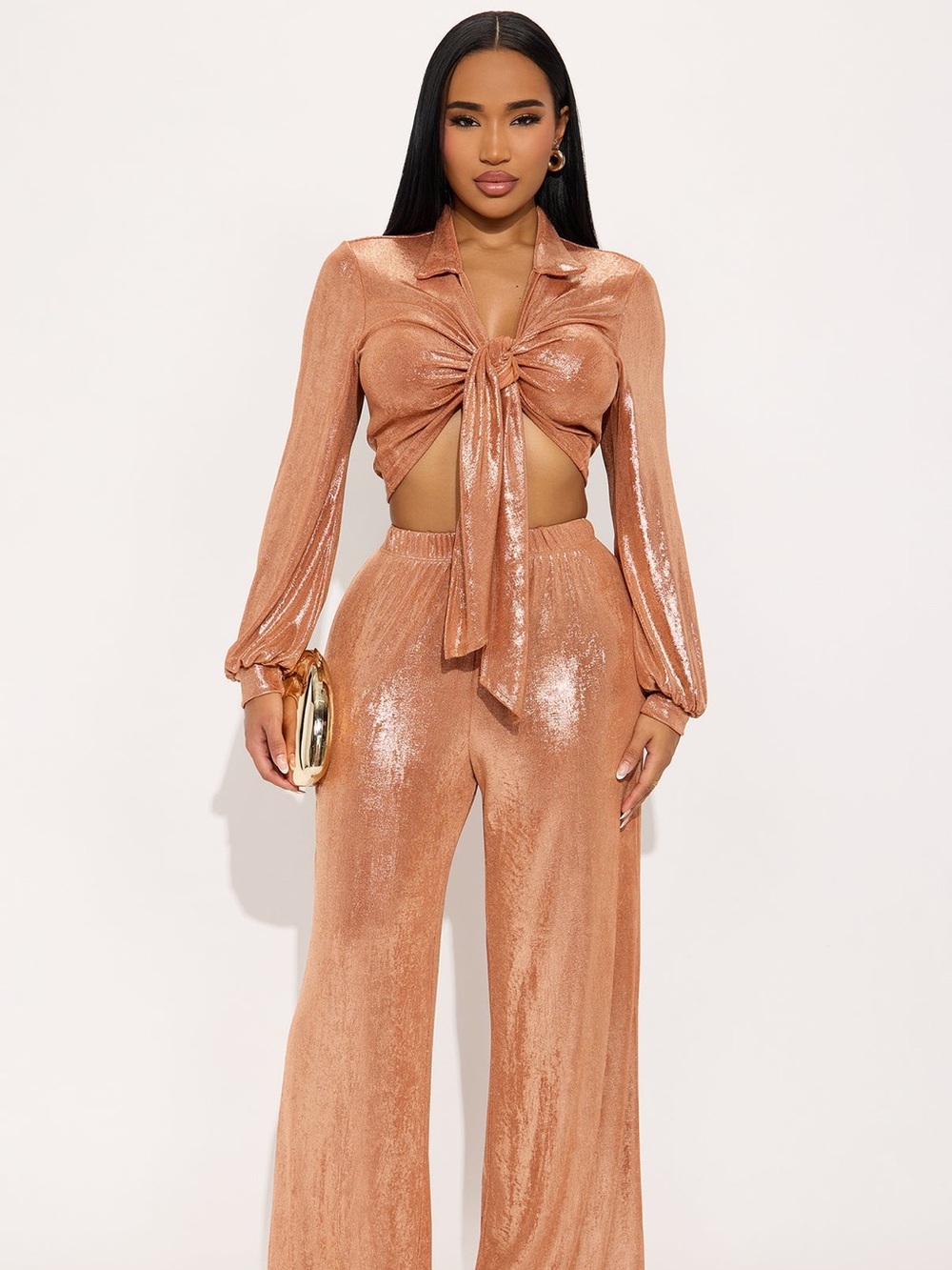 Fashion Nova Metallic Tie-Front Wide-Leg Pants Set - Rose Gold